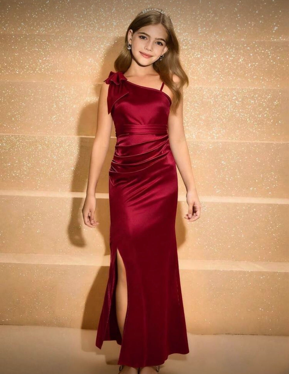 Tween “Glossy” Elegant Satin One-Shoulder Bow Decor High-Waist Long Slit Design