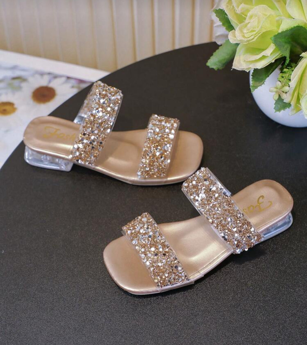 Girl Gold Glitter Fashion Thick Low Heel Wedge Sandals
