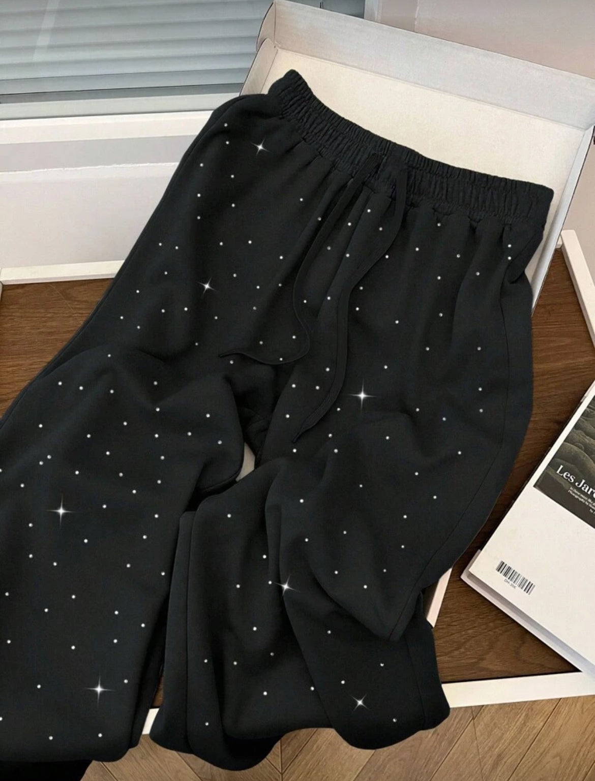 Rhinestone Embellished High Waist Drawstring Loose Fit Sweatpants