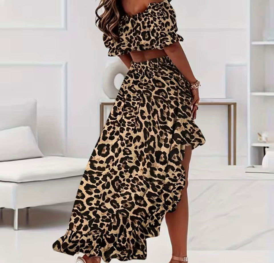 Leopard Printed Off-Shoulder Ruffle Top and Asymmetrical High-low Skirt Set