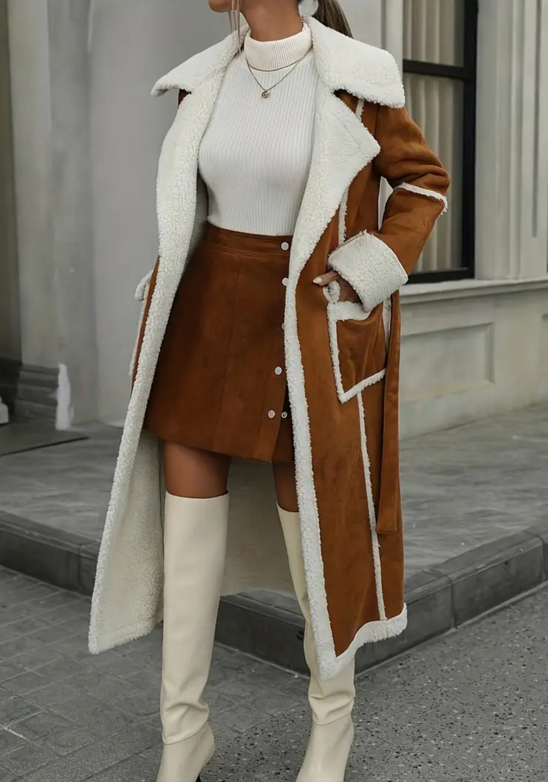 Faux Fur Suede Retro Coat - Slim Fit Long Jacket with Large Collar & Tie Belt