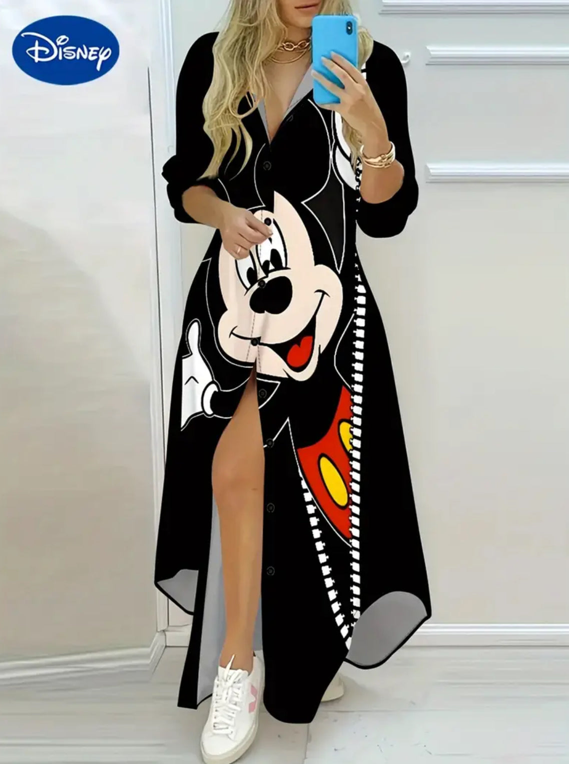 “Disney Chic” Women's Cartoon Print Long Sleeve Dress - V-Neck Button-Up with Puff Sleeves