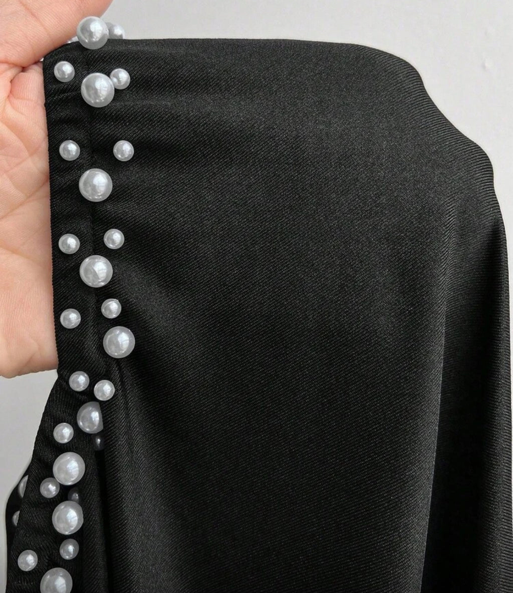 Elegant Plus Size Pearl Decor Off-Shoulder Long Sleeve Maxi Slit Dress