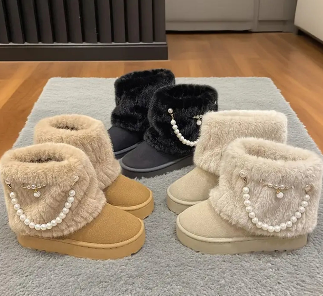 Elegant Ankle Winter Snow Moccasin Boots Faux Fur-like Lining & Pearl Detailing