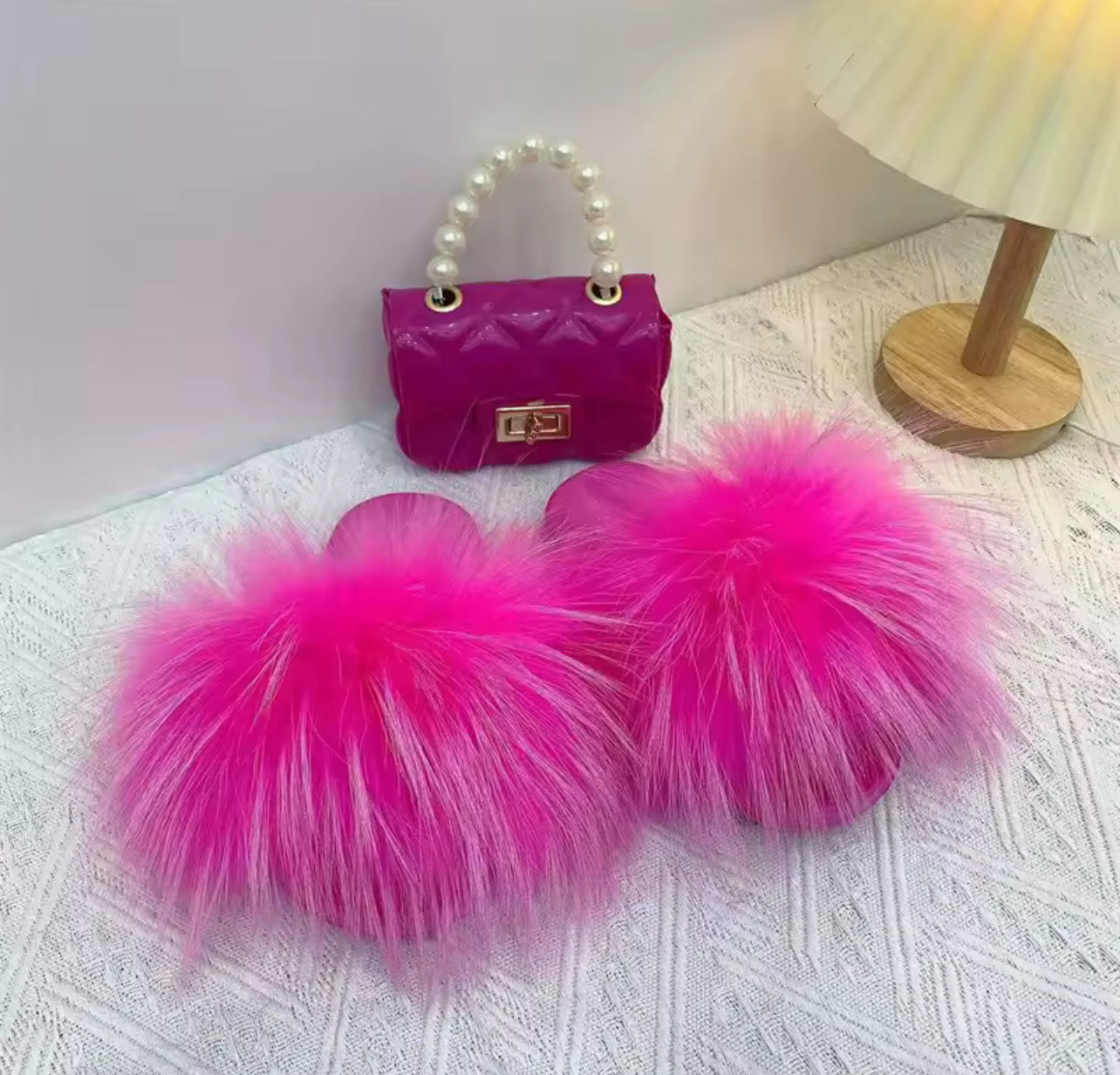 Girls Fashion Faux Fur Slippers & Purse Set