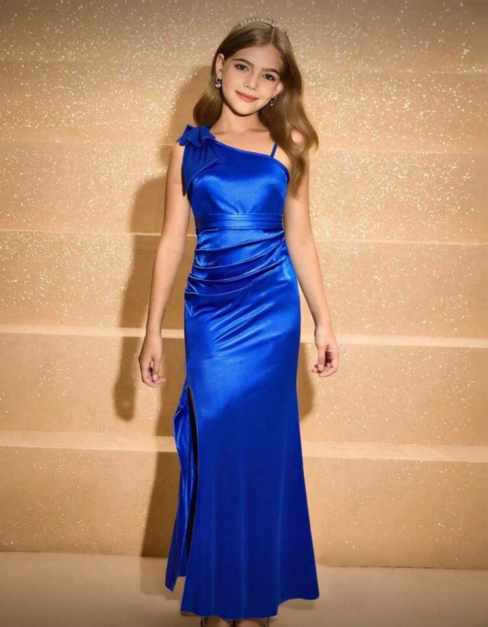 Tween “Glossy” Elegant Satin One-Shoulder Bow Decor High-Waist Long Slit Design