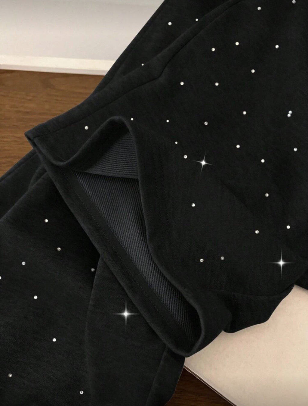 Rhinestone Embellished High Waist Drawstring Loose Fit Sweatpants