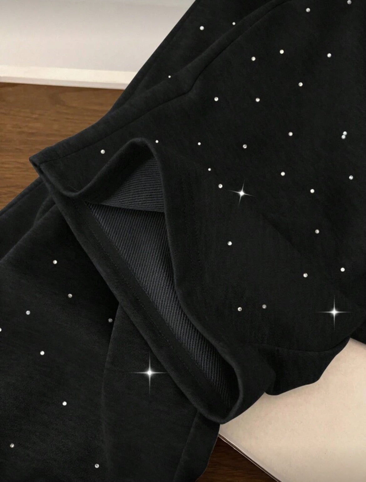 Rhinestone Embellished High Waist Drawstring Loose Fit Sweatpants