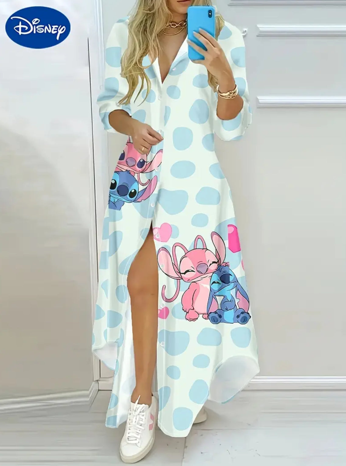 “Disney Chic” Women's Cartoon Print Long Sleeve Dress - V-Neck Button-Up with Puff Sleeves