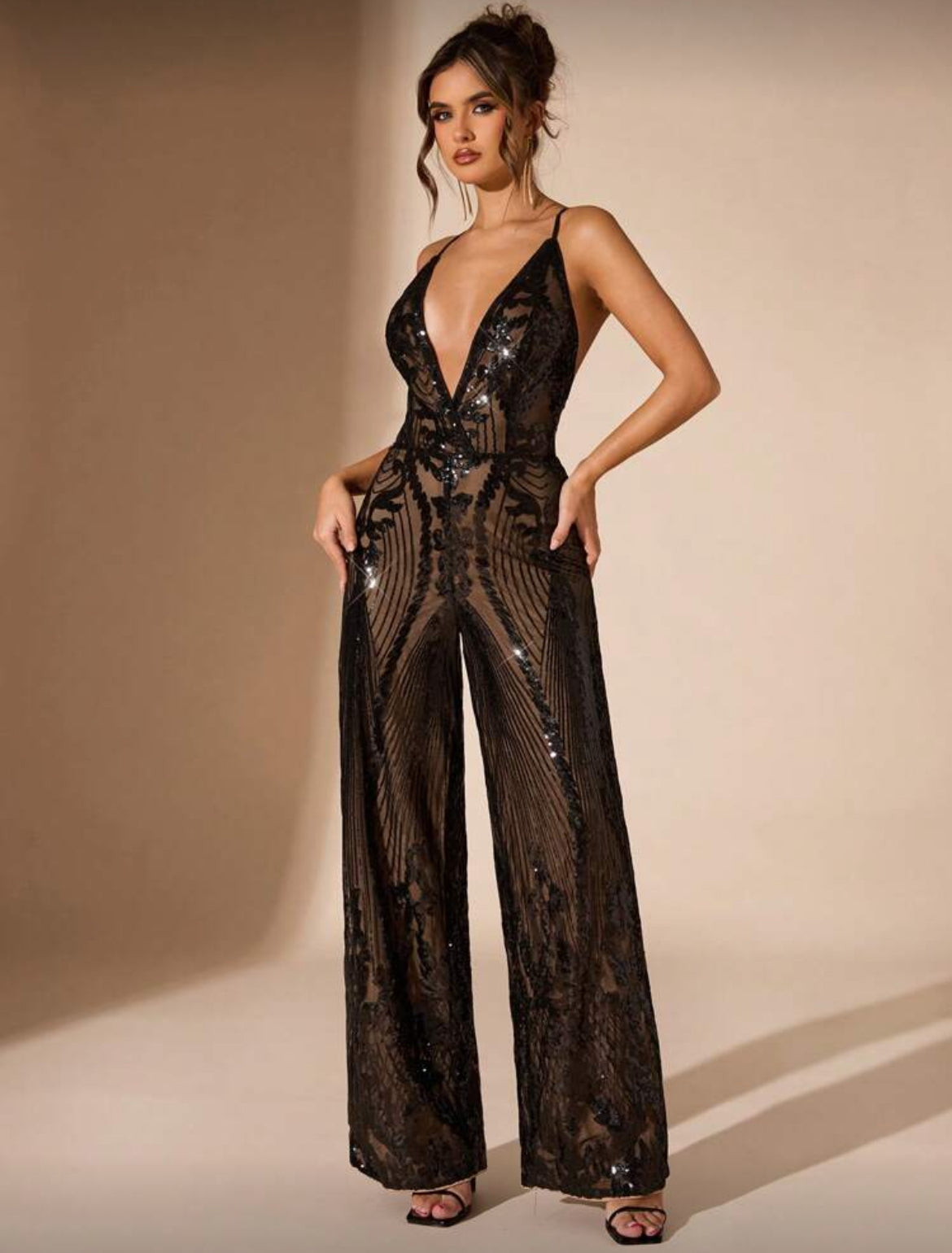Women's Sequin Deep V-Neck Wide Leg Jumpsuit