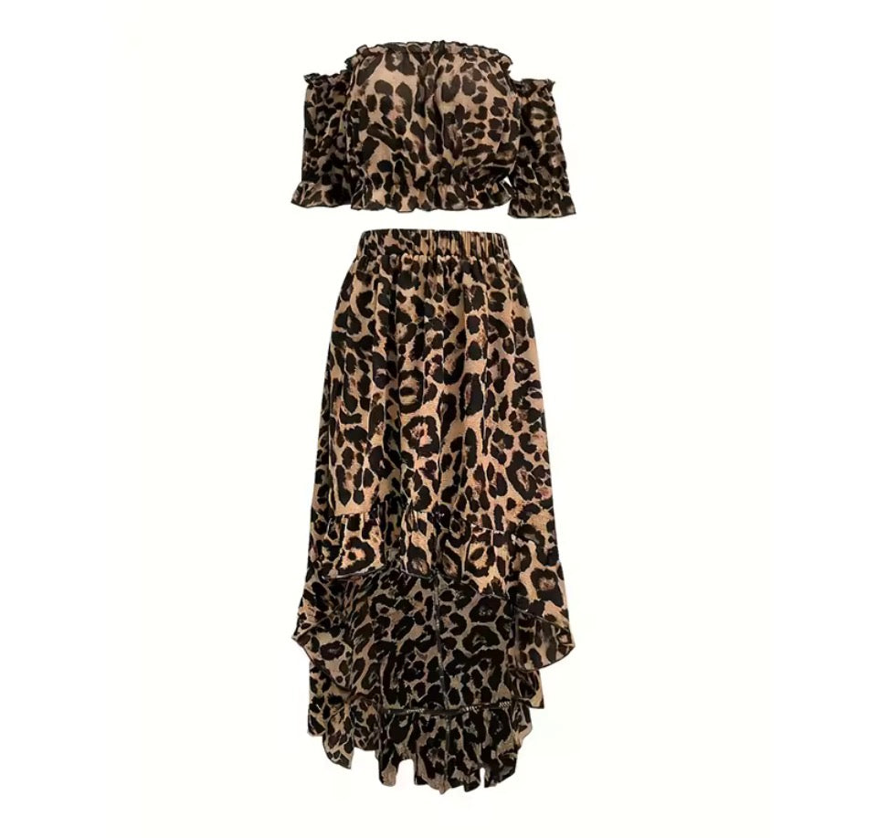 Leopard Printed Off-Shoulder Ruffle Top and Asymmetrical High-low Skirt Set