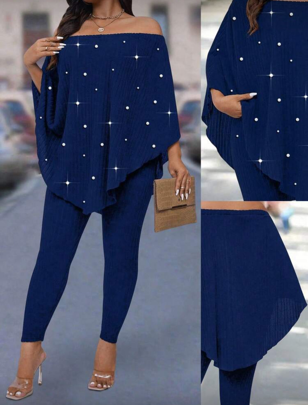 Plus Posh Curves Ribbed Beaded Off Shoulder Top And Leggings Two Piece Set