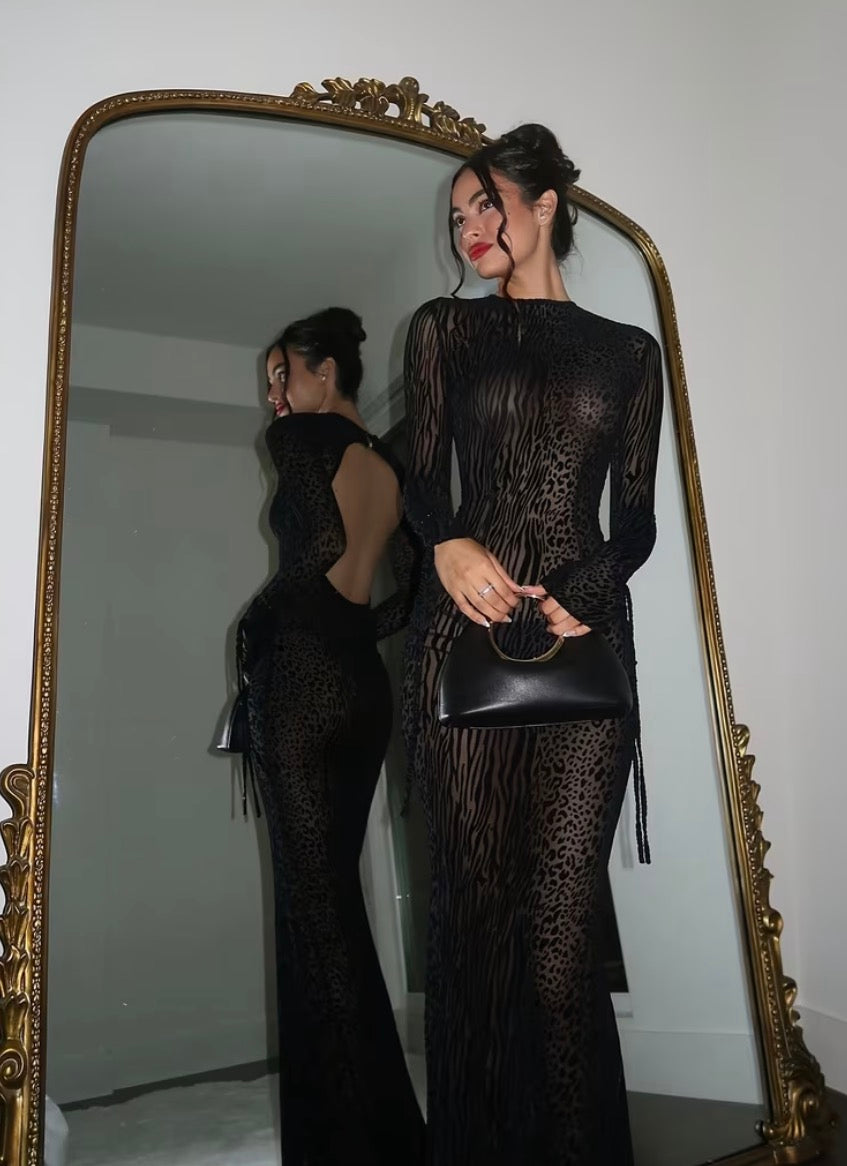 Sultry Leopard Print Long Bodycon Dress Featuring a Backless Cut & Long Sleeves