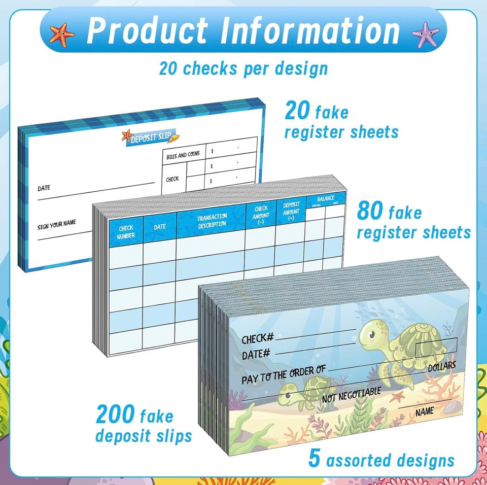 Toy Checks For Kids 300 Sheets Checkbook with Pretend Deposit Slip and Check Register