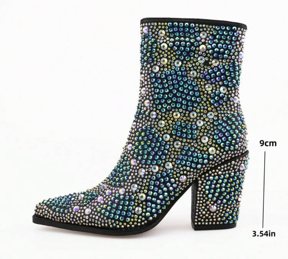 Magic Blue Crystal Diamonds Encrusted Women's Mid-calf Boots, Side Zipper 