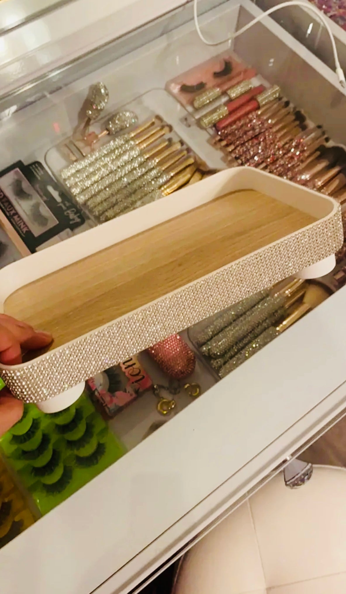 1pc Sparkling Faux Diamond Tray, Decorative Cosmetic & Jewelry Storage Organizer