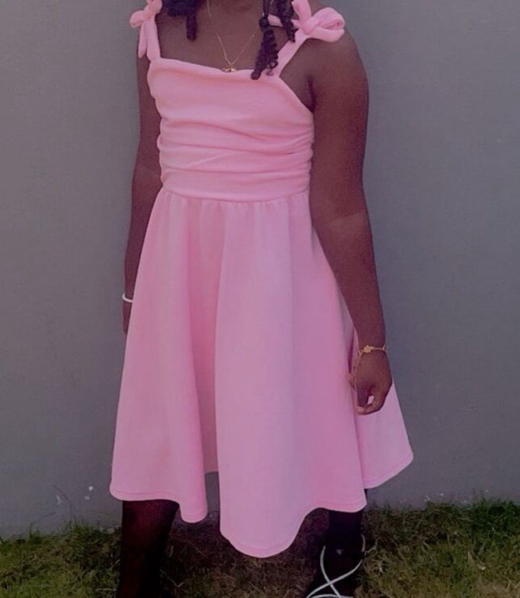 Tween Girl Bow Strap Ruched Fashionable Dress
