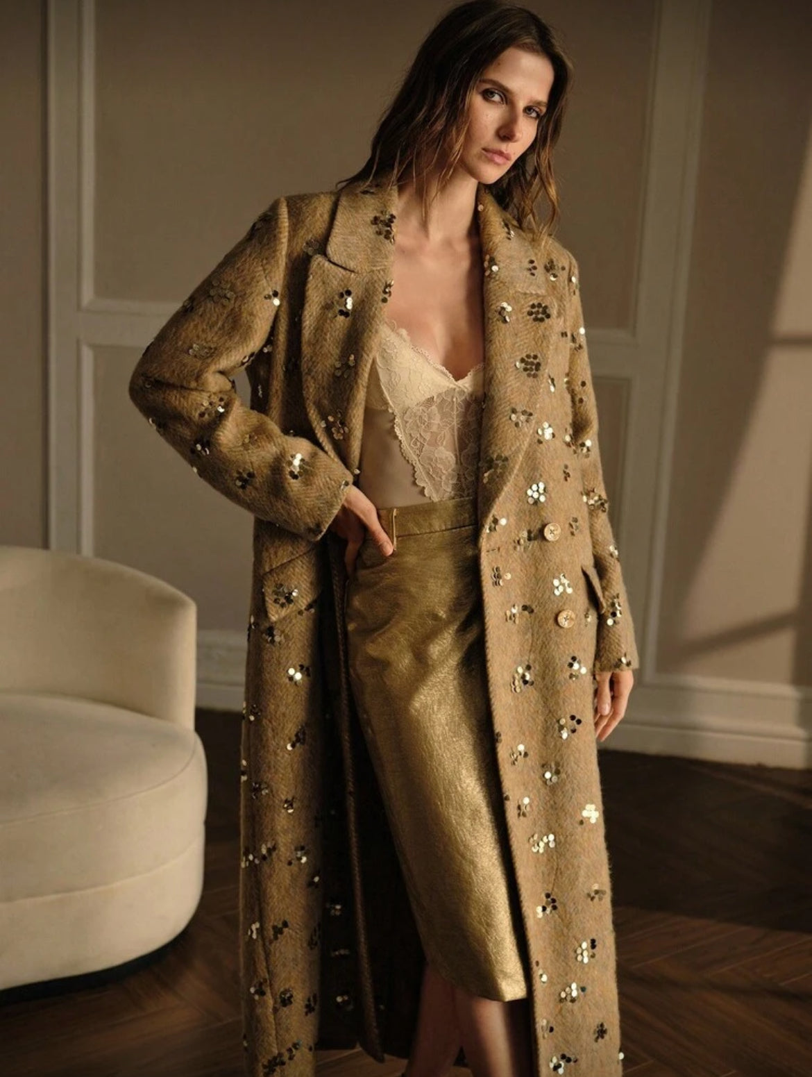 “Giselle” Sequin Embellished High-End Thick Overcoat