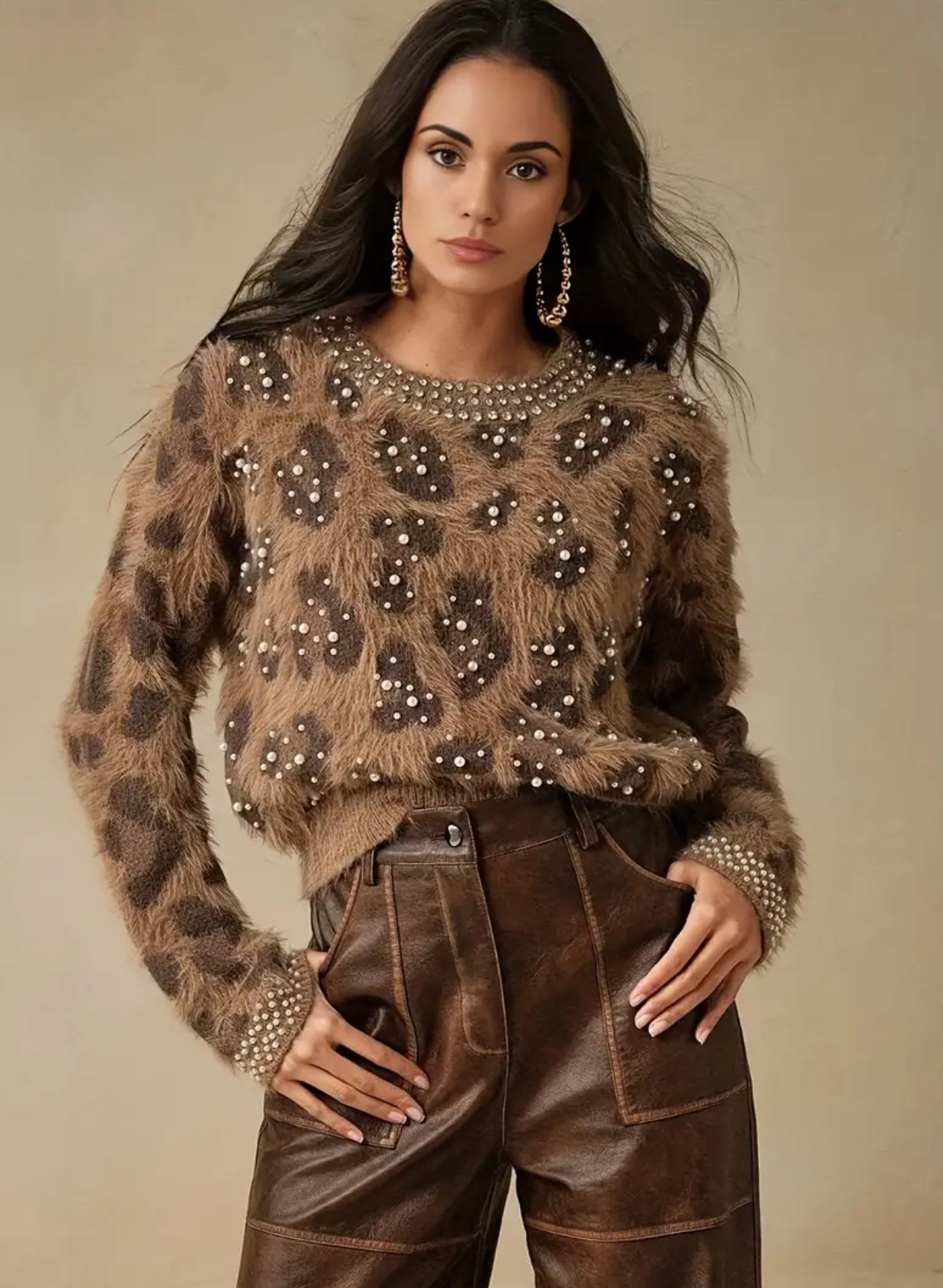 Glamorous Leopard Rhinestones & Beaded Pearls Accent Sweater