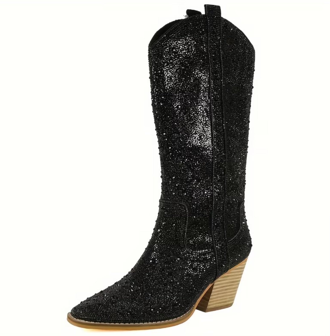 “Crystals” Pointed Toe, Mid-Calf Block/Stacked Heel Boots