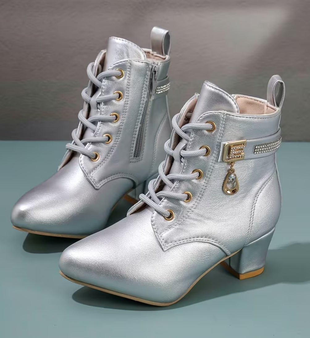 “Crystal Drop” Girls' Silver Lace-Up Ankle Boots With Chunky Heel and Rhinestones + Side Zipper 