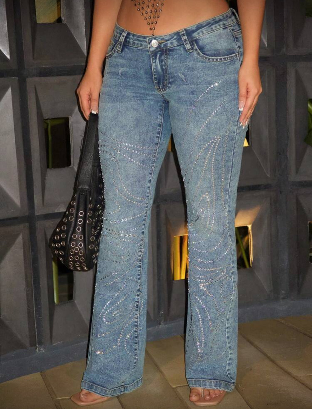 Flared Cut Washed- Low Waist Slim Fit Rhinestone Embellished Jeans