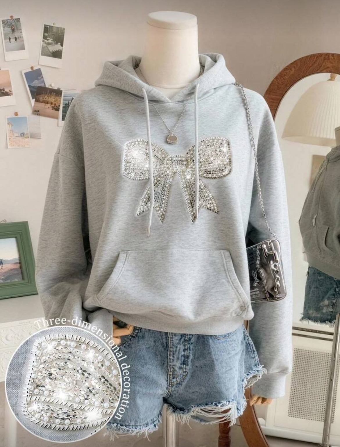 Rhinestone Studded Zip Up Hoodie Sweatshirt