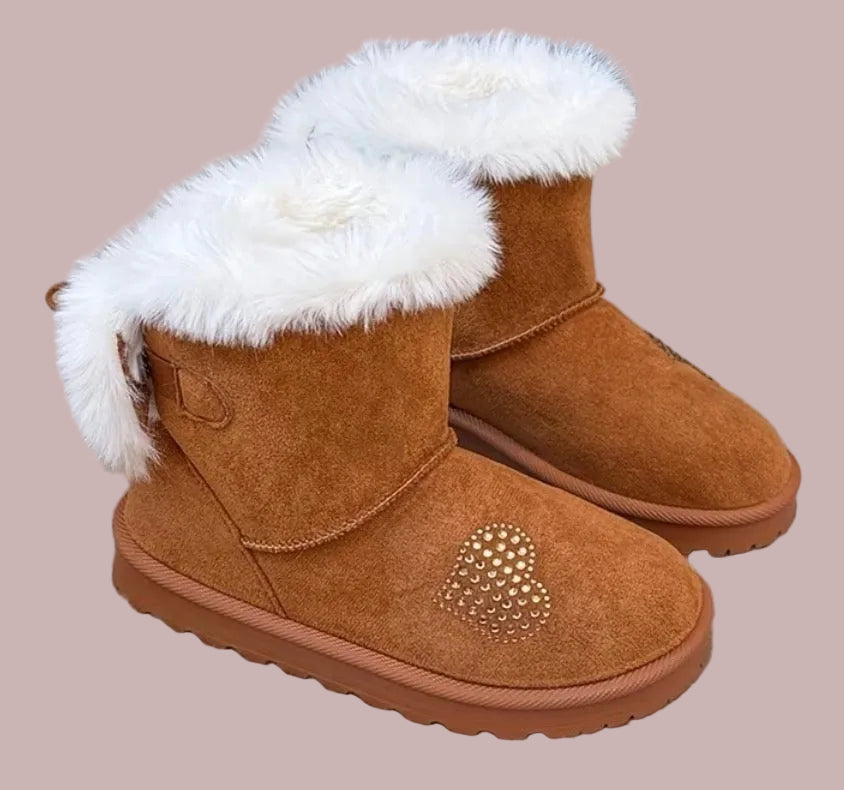 Girls' Winter Mid-Top Snow Boots with Rhinestone Heart & Bows