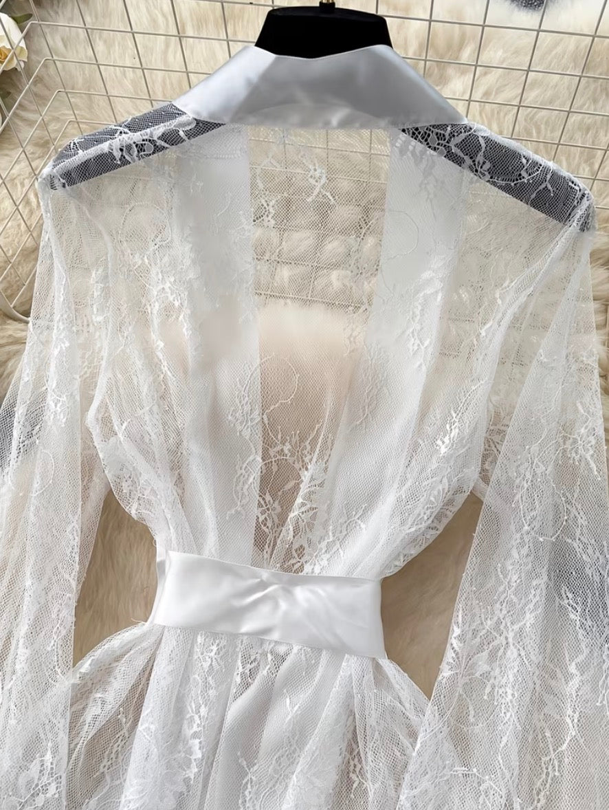 Elegant Floor- Length Sheer Lace Floral Robe