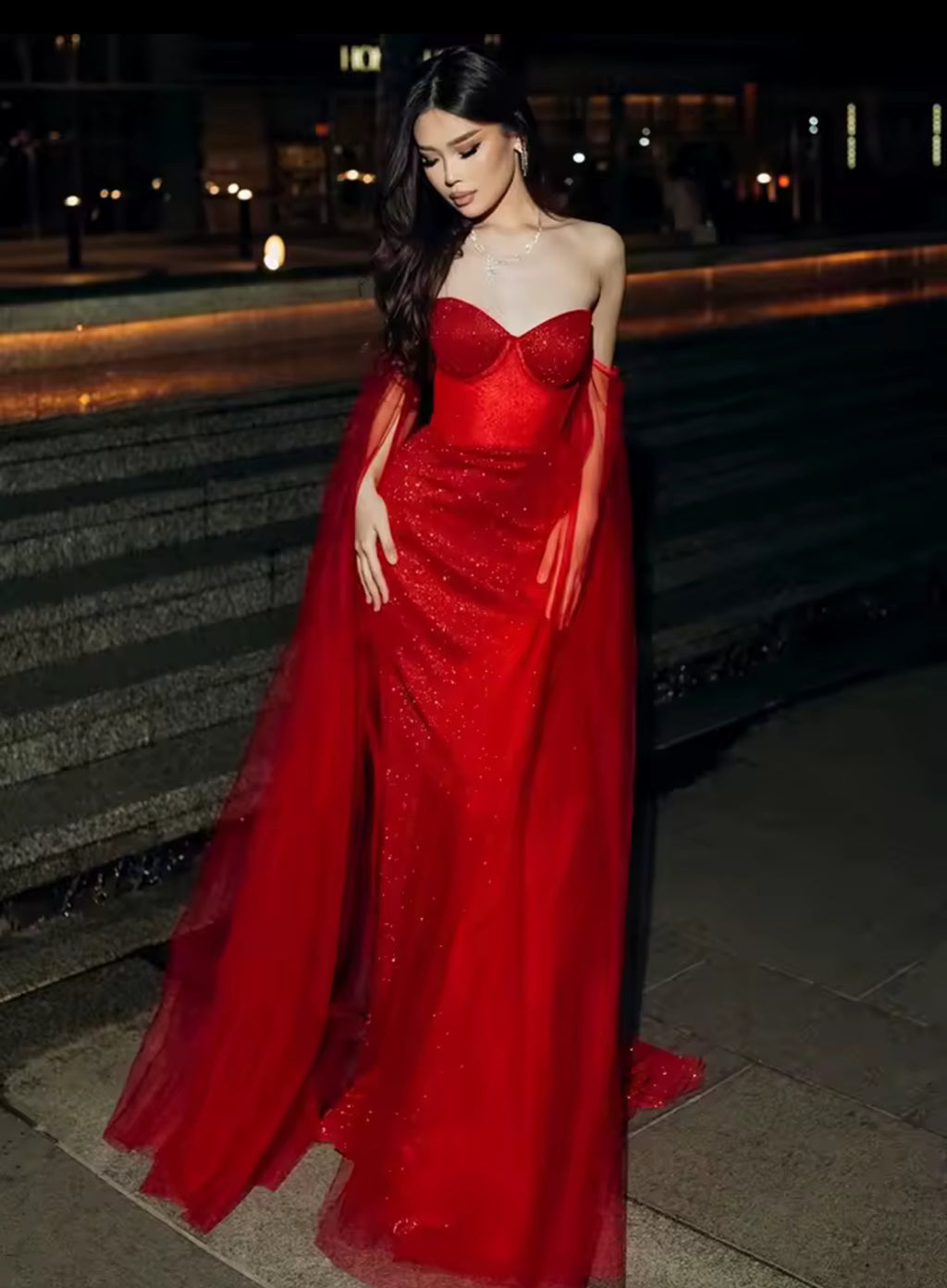 Mermaid Silhouette Glitter Embellished Gown Sweetheart Neckline Dramatic Flowing Sheer Off-The-Shoulder Sleeve