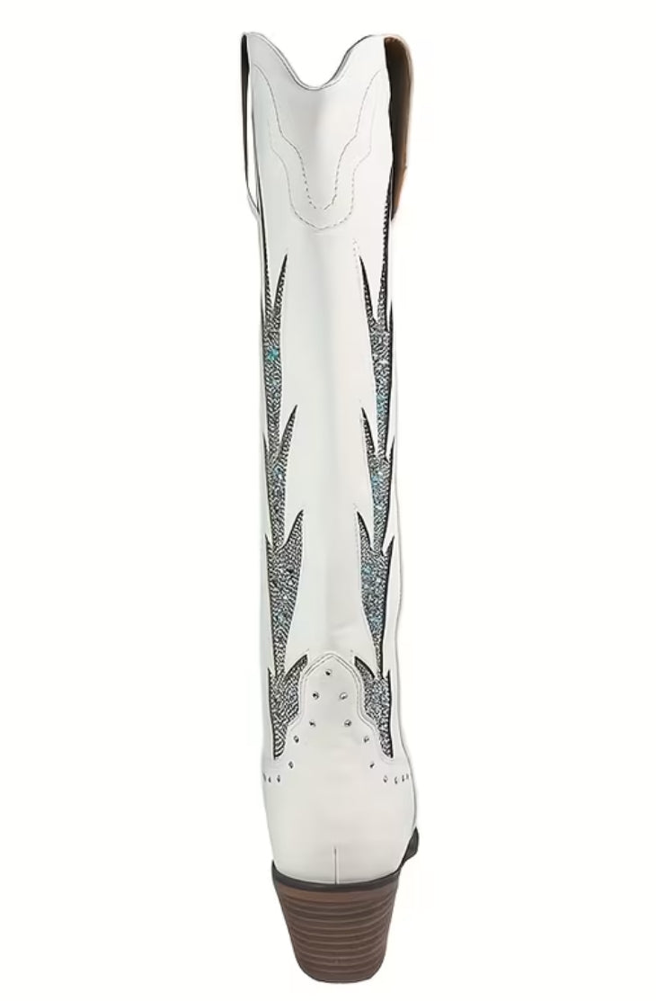 “Flames” Women's Western Cowboy Boots - Rhinestone Embellished Pointed Toe, Chunky Heel Pull-On Knee-High 
