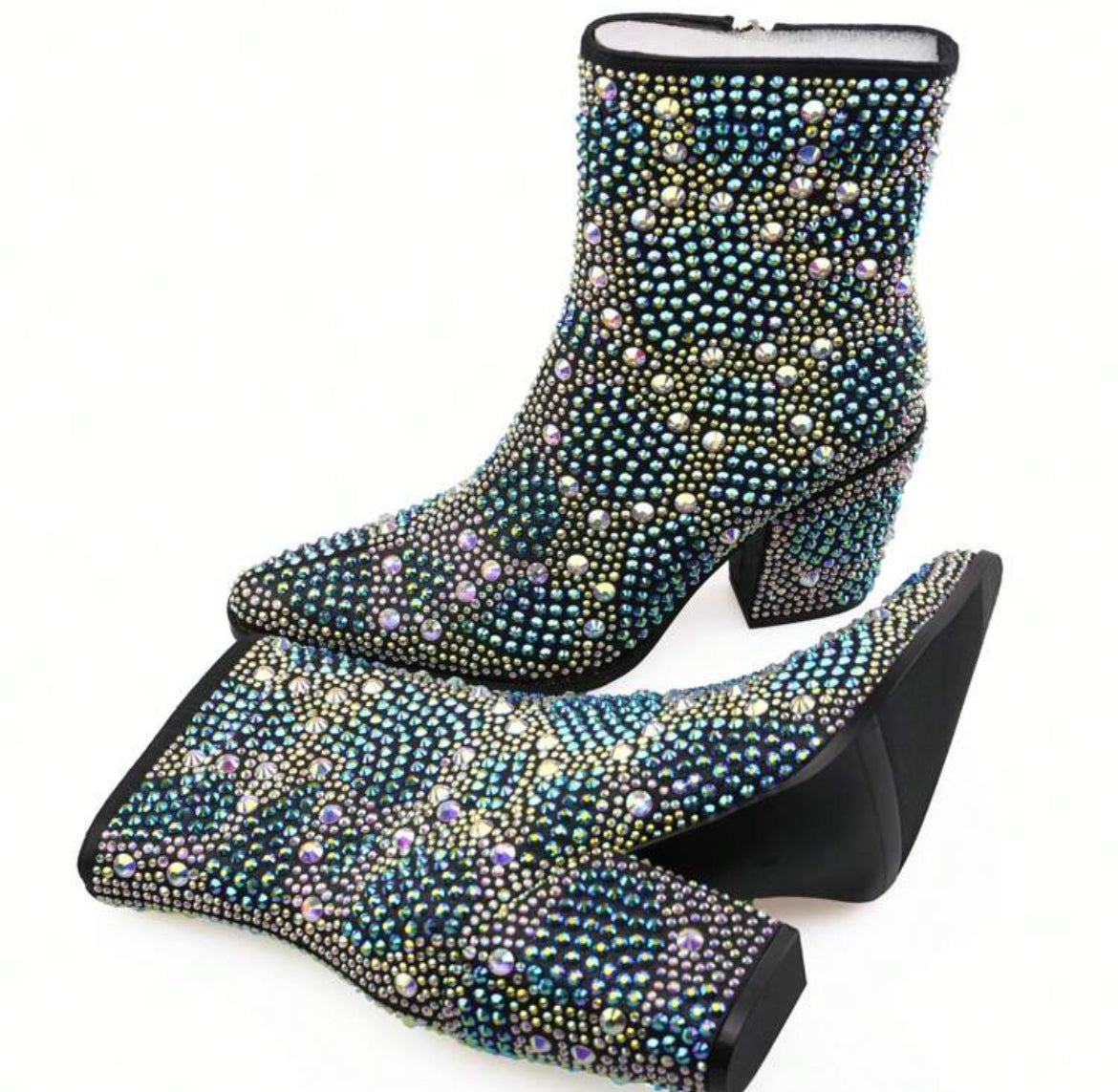 Magic Blue Crystal Diamonds Encrusted Women's Mid-calf Boots, Side Zipper 