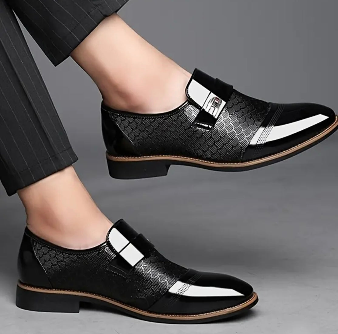 Men’s Dress Shoes Featuring A Shiny Patent Faux Leather, Upper Textured Mid-Section + Decorative Strap Across
