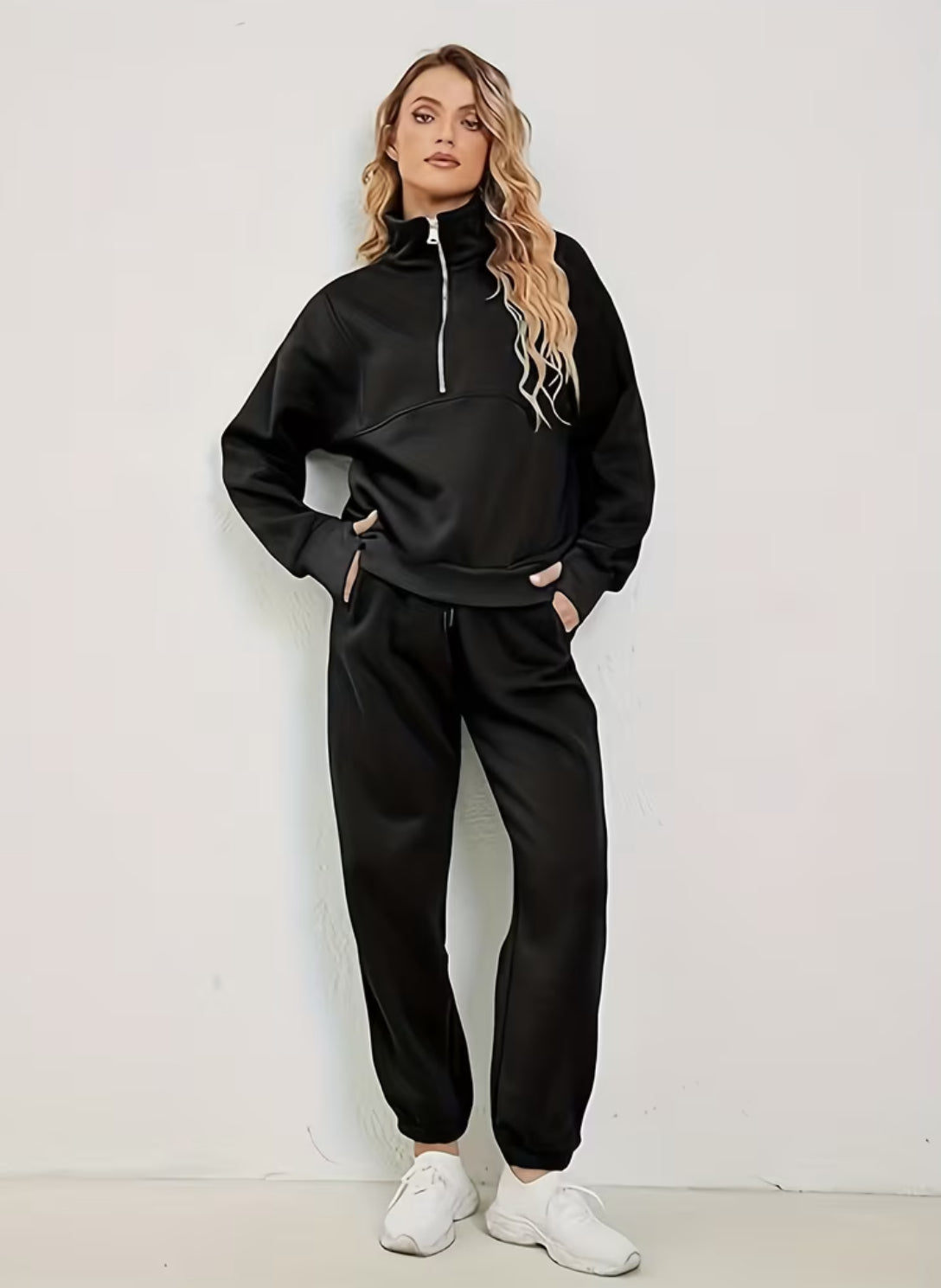 Sporty Chic Two-piece Set| Half-Zip Sweatshirt + High-Waisted Sweatpants