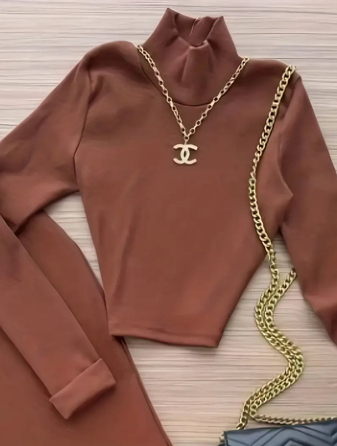 “Eva” Chic Two-Piece Set, Slim-Fitting High-Neck Top + Split Long Skirt