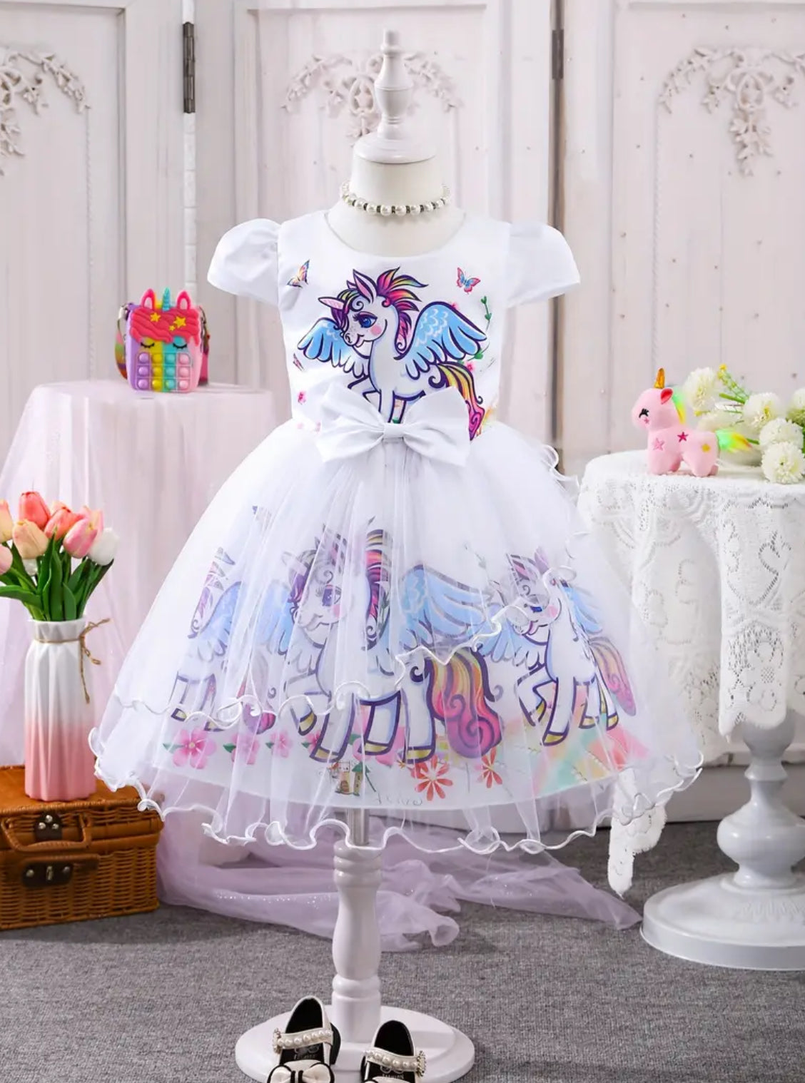 Girls Unicorm Dress Petal Sleeves, Mesh Detail, Knee-Length with Bow Accent 🦄