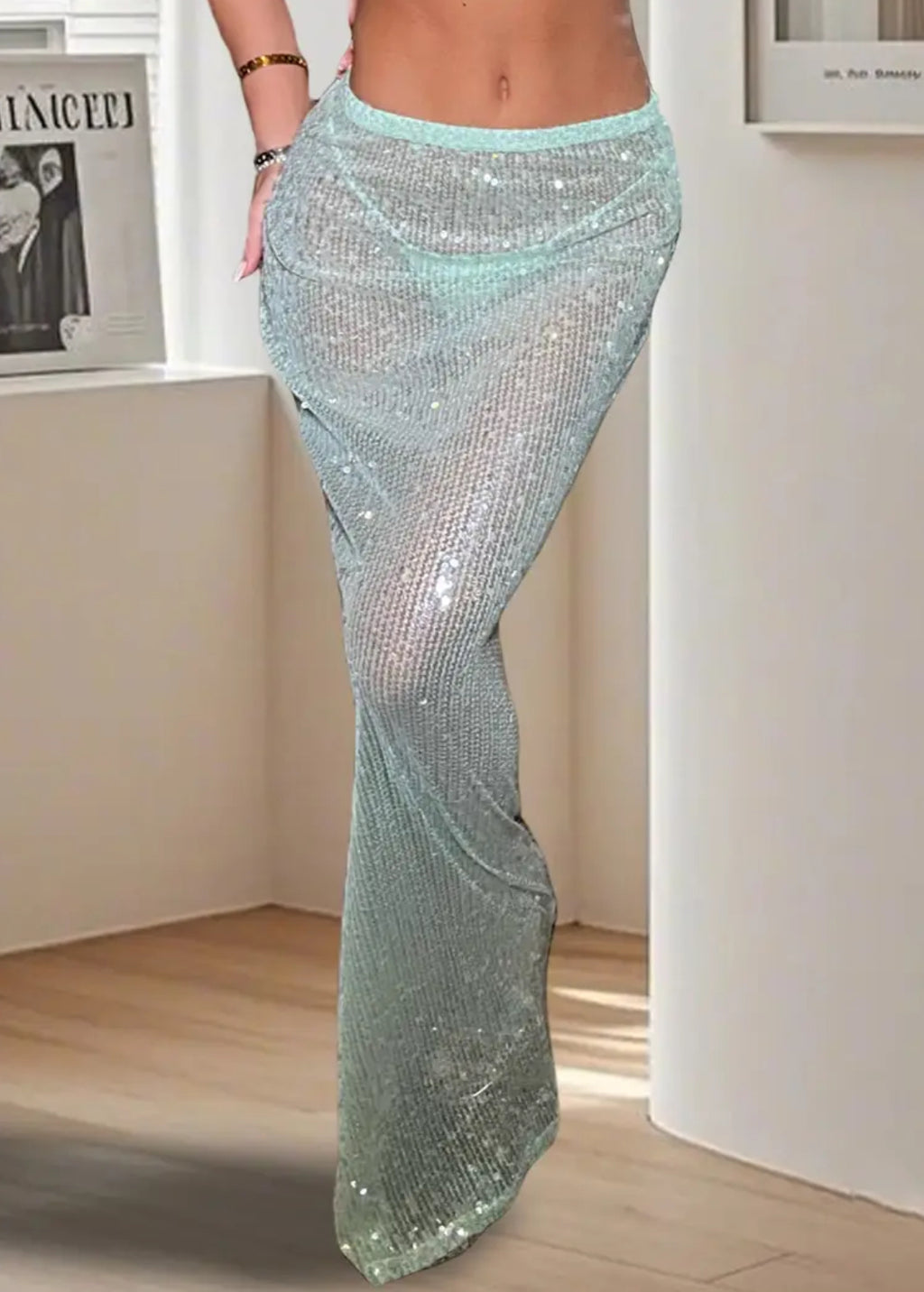 “Shimmer & Shine” Long Body-Con Skirt | Elastic Waist, Sparkly Sequin See-Through Fabric