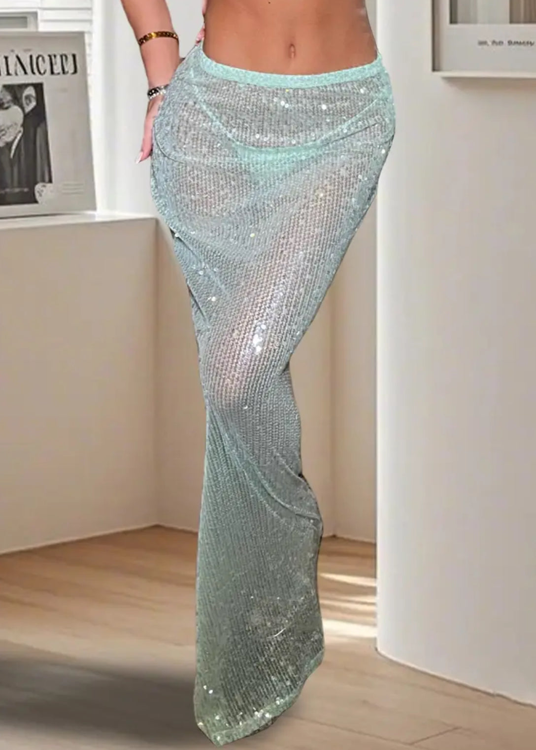 “Shimmer & Shine” Long Body-Con Skirt | Elastic Waist, Sparkly Sequin See-Through Fabric