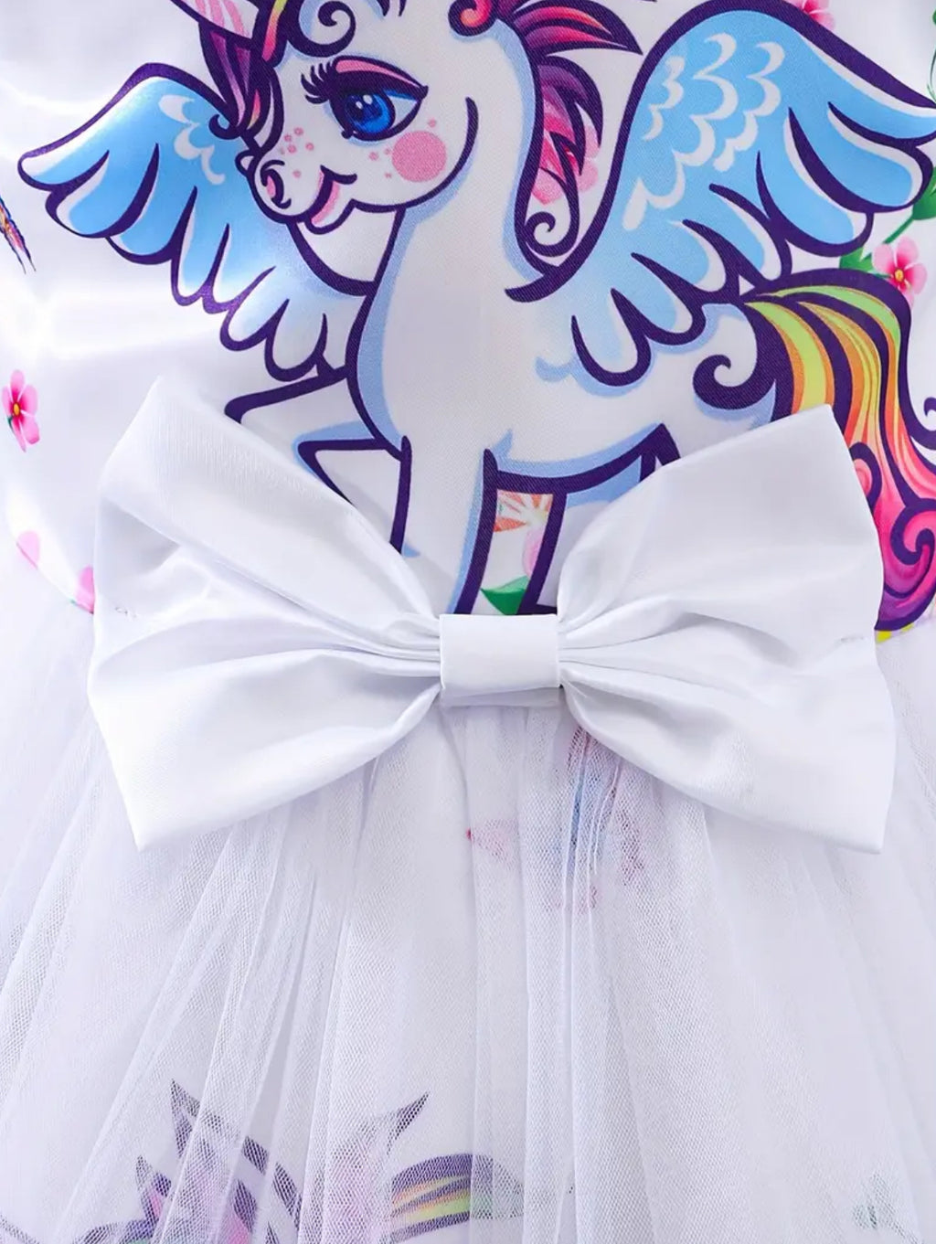 Girls Unicorm Dress Petal Sleeves, Mesh Detail, Knee-Length with Bow Accent 🦄
