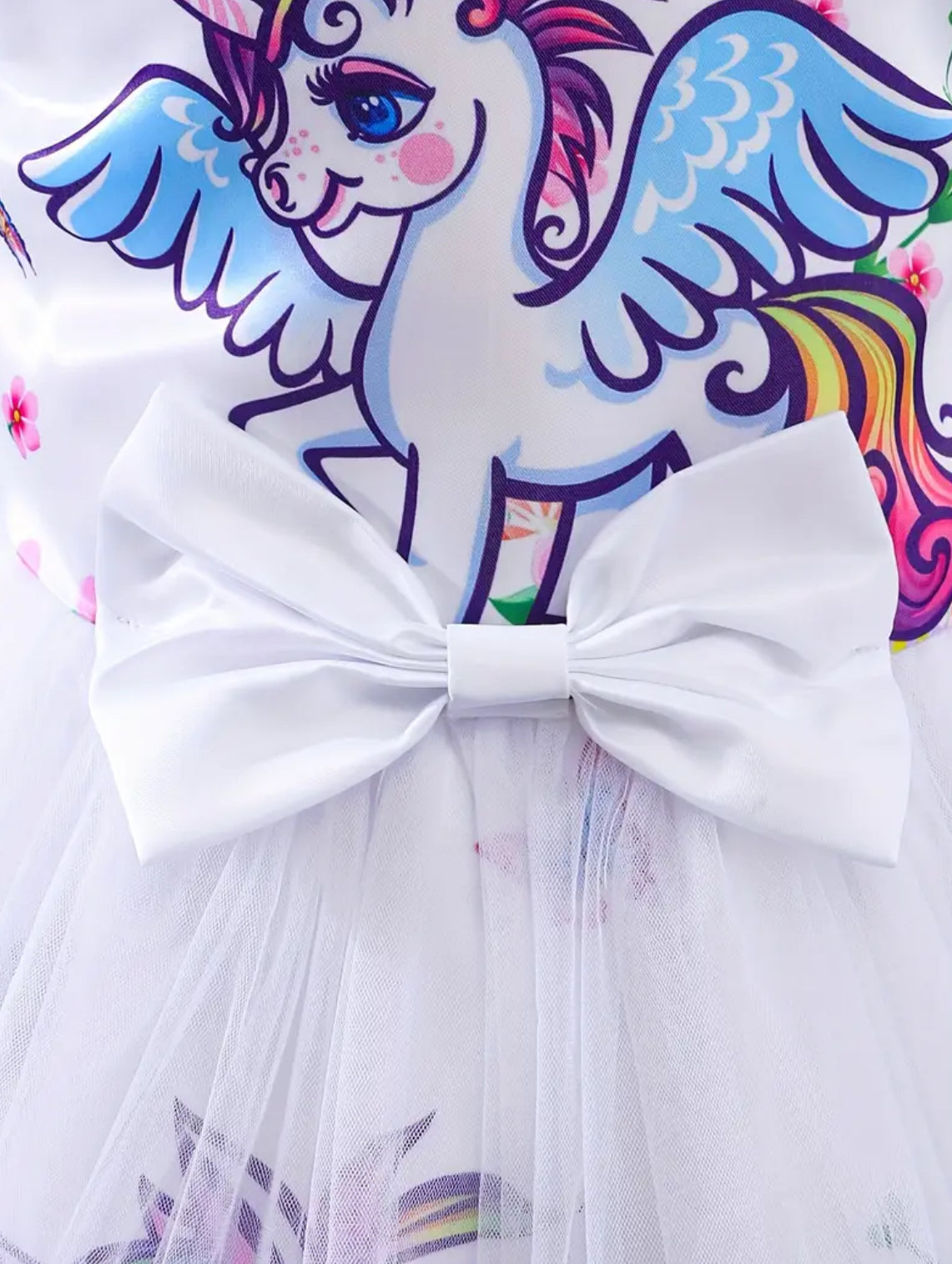 Girls Unicorm Dress Petal Sleeves, Mesh Detail, Knee-Length with Bow Accent 🦄