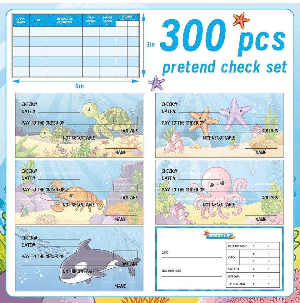 Toy Checks For Kids 300 Sheets Checkbook with Pretend Deposit Slip and Check Register