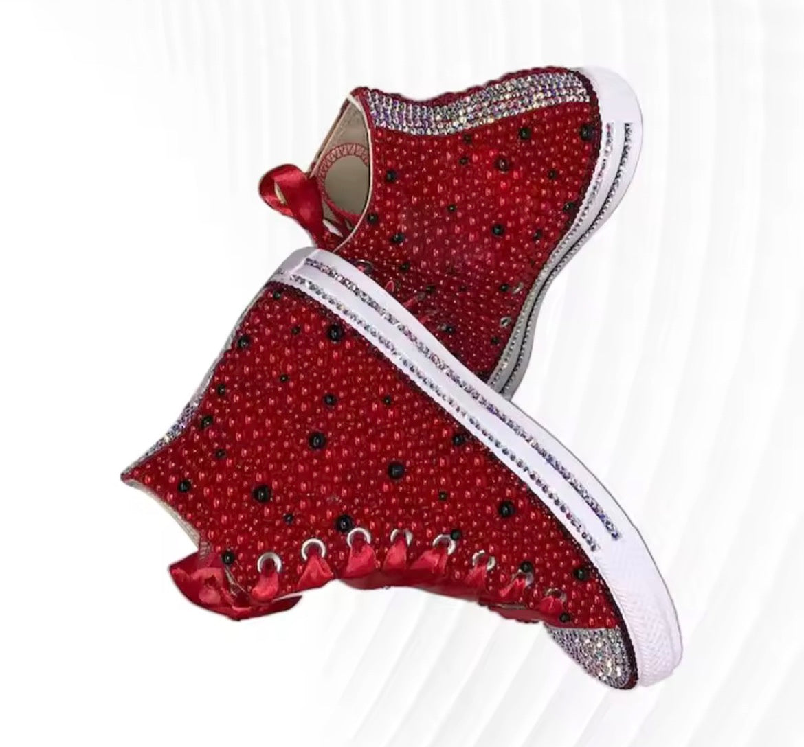 Glam High-Top Women’s Sneakers | Rhinestones & Pearls Accent & Satin Ribbon Laces