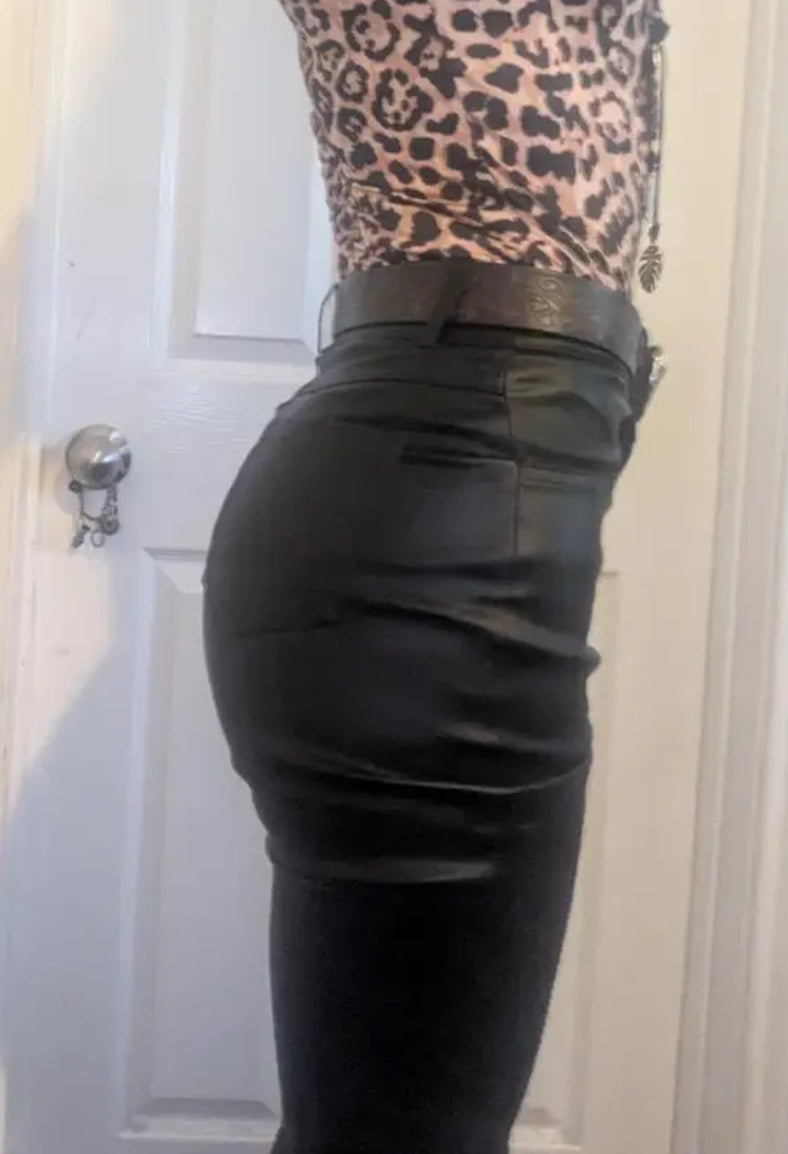 Women's Flared Bell Bottom High-Waisted, Faux Leather- Machine Washable 