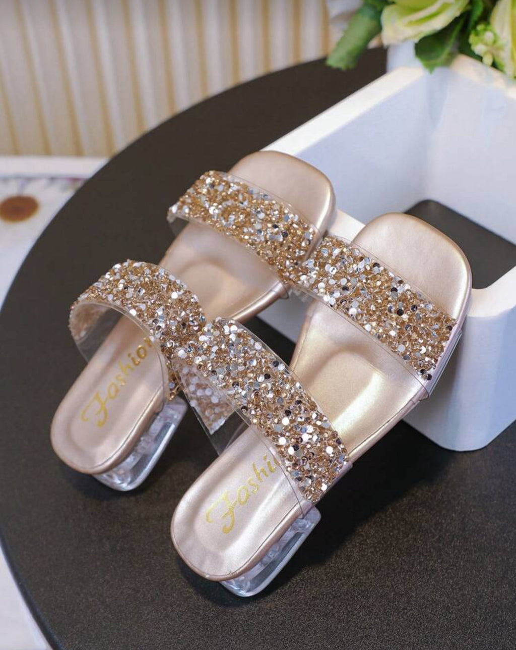 Girl Gold Glitter Fashion Thick Low Heel Wedge Sandals