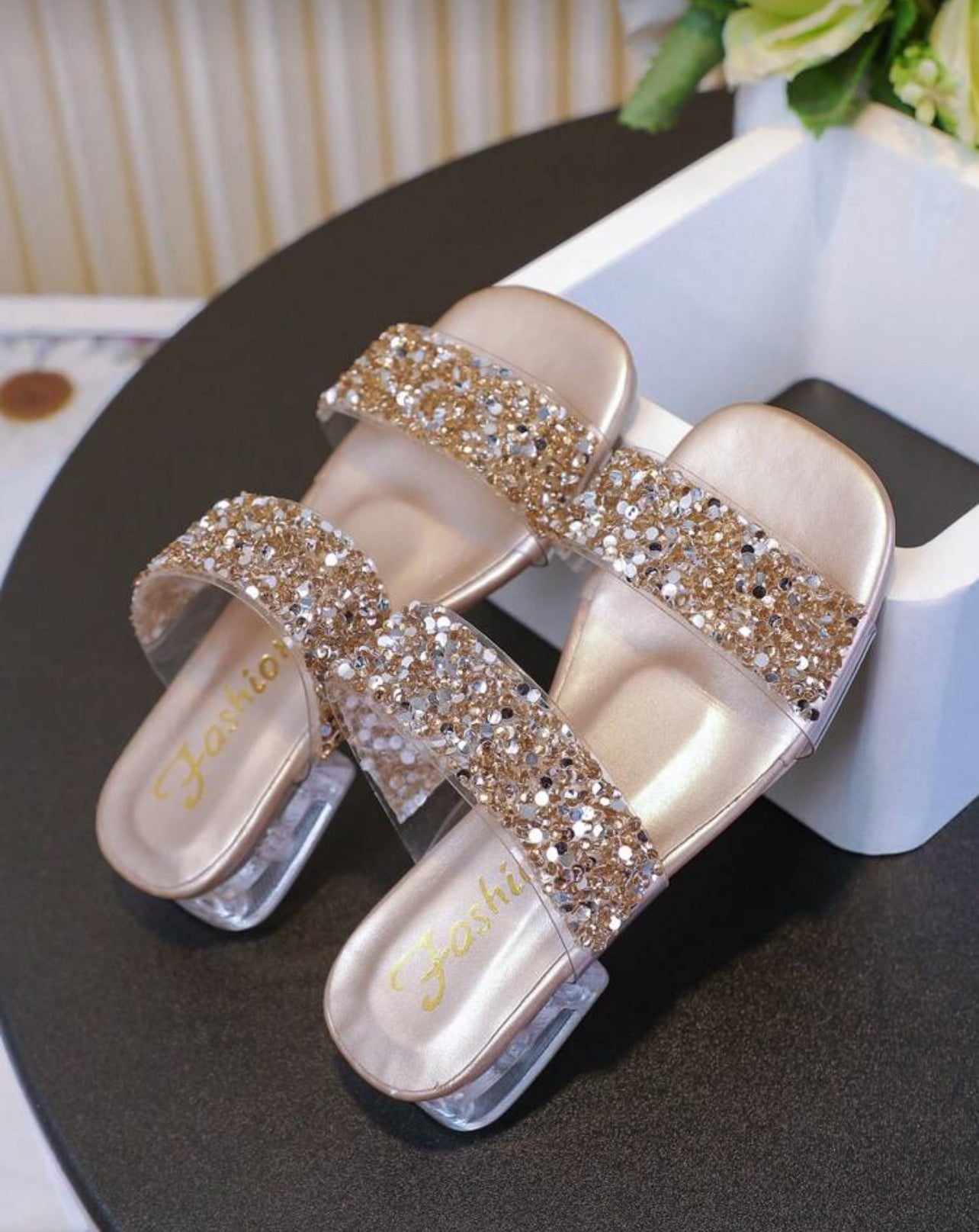 Girl Gold Glitter Fashion Thick Low Heel Wedge Sandals