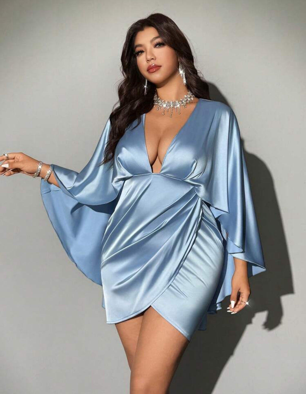 ‘GiGi’ Sexy V-Neck Flared Sleeve Fitted Plus Size Solid Color Dress