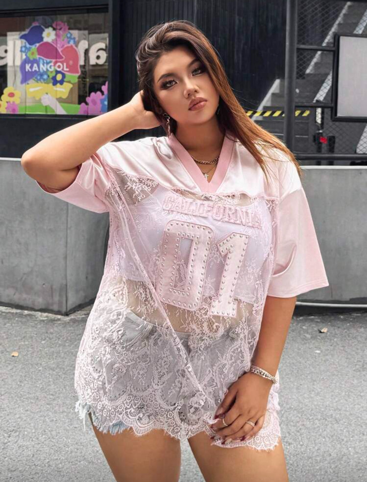 "CALIFORNIA 01" Posh Plus Oversized Studded Sheer Lace and Mesh Football Jersey