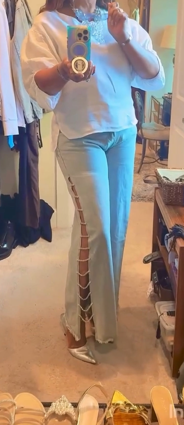 “Rhinestones & Chains” Side Slits, Loose High-Waisted Light Blue Distressed Wide-Leg Jeans
