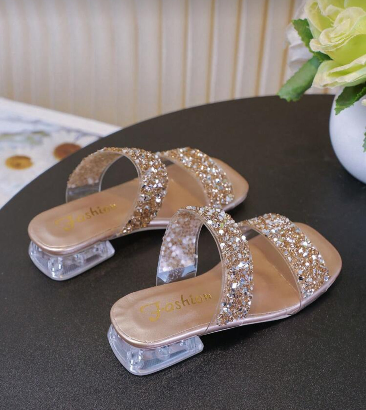 Girl Gold Glitter Fashion Thick Low Heel Wedge Sandals