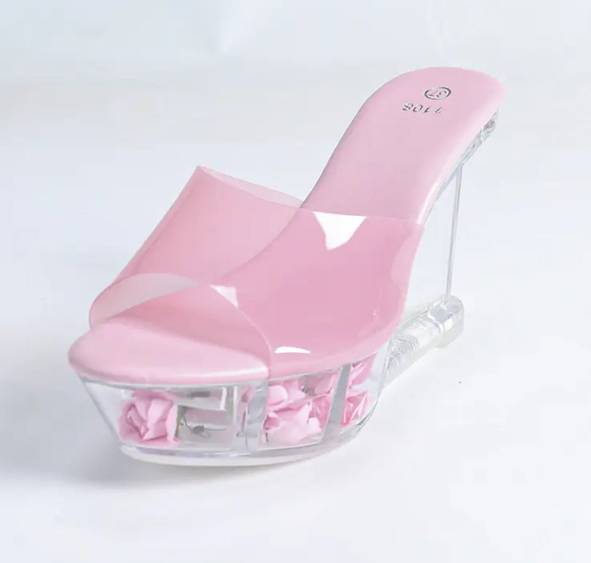 Women’s Clear Wedge Sandals - Thick Clear Platform Heel, Pink Rose Accents